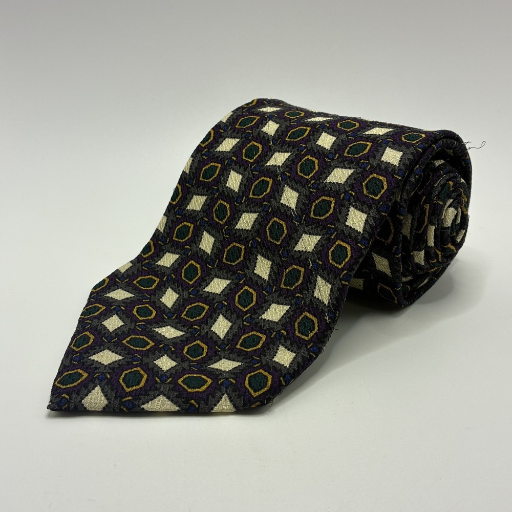 Vintage 1980s Christian Dior Monsieur Silk Tie Green Purple Geometric Made USA
